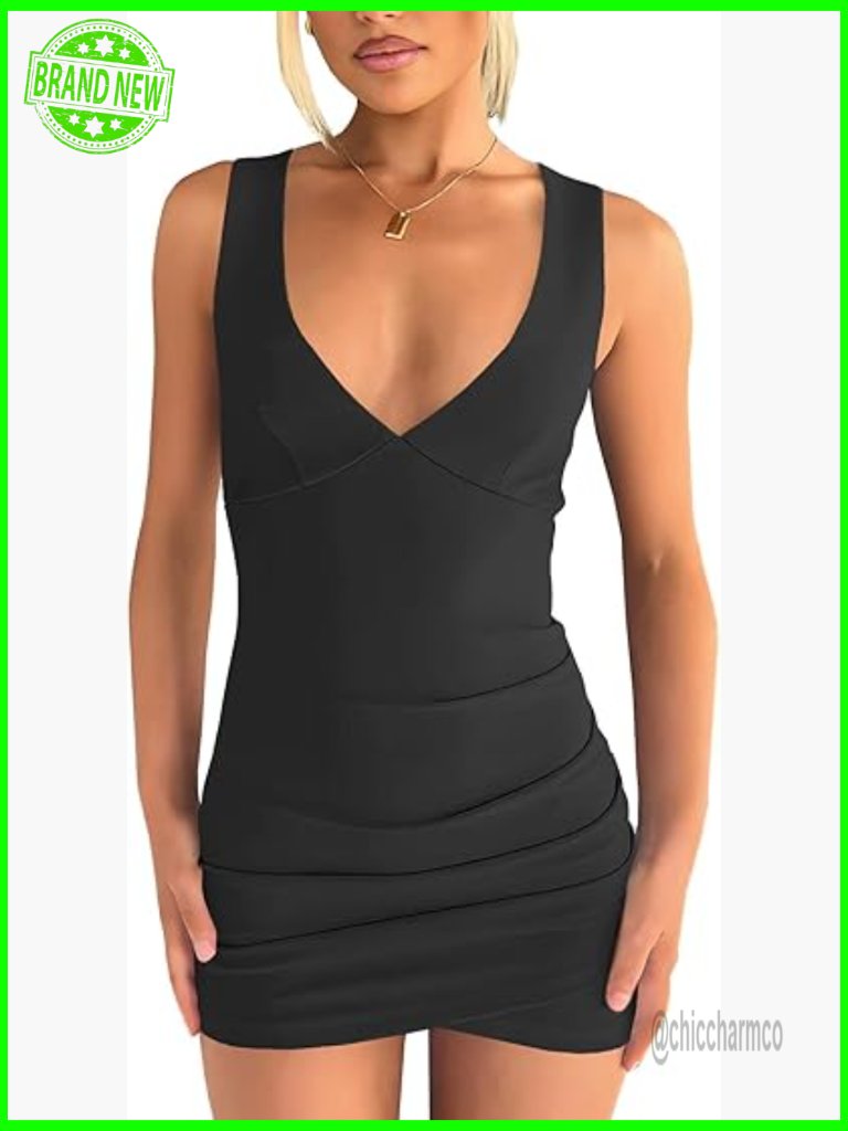 Sexy Ruched Bodycon Mini Dress Sleeveless V Neck Club Party